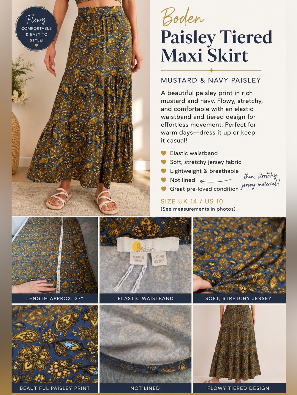 Boden Mustard and Navy Paisley Tiered Maxi Skirt